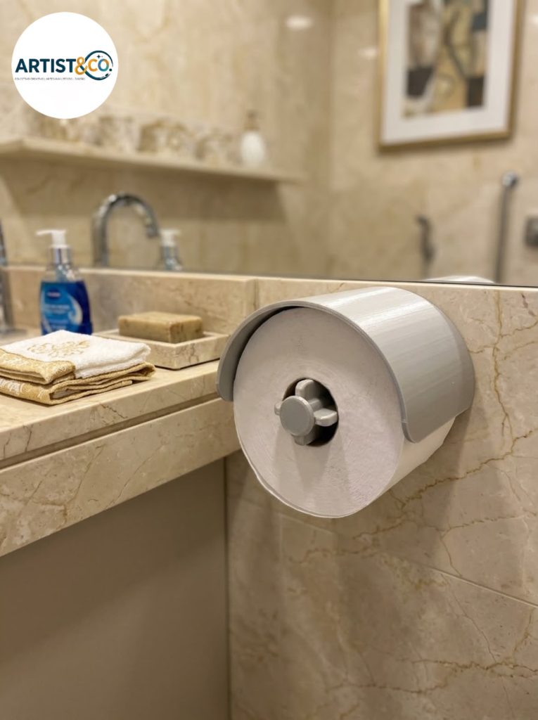 Portarollo para guardar el papel higiénico adicional impreso en 3D plateado, diseño propio